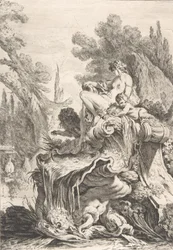 The Seated Nymph Suihkulähde, jossa naidi istuu kotiloisen kuoren päällä, n. 1740.