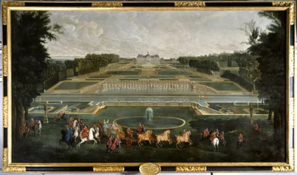 Marie Lescszinska, Ranskan kuningatar (1703-1768) (Leczinska, Lescszinka, Leszinka) Vaux Le Vicomten linnan puutarhassa (Vaux-Le-Vicomte) Jean Baptiste Martinin (1659-1735) maalaus 1728 Chateau De Vaux Le Näit sen. - Marie Lescszinska, F:n kuningatar