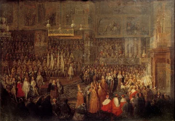 Ludvig XV:n (1710-1774) kruunajaiset Reimsin katedraalissa 25/10/1722, 1735. Mitat: 0,32 x 0,42 m