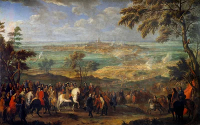 Augsburgin liigan sota (1689-1697): "" Ludvig XIV:n (1638-1715) valloitti Monsin kaupungin 9.4.1691"" Jean Baptiste Martin vanhemman (1659-1735) maalaus su. 2,6x3,2 m