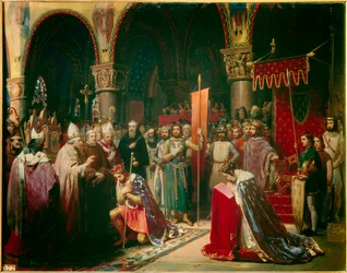 Kuningas Ludvig VII (1120-1180) ottaa oriflamen Pyhän Denisin basilikassa (Saint Denis) Akvitanian kuningatar Alienorin läsnäollessa ja vastaanottaa paavi Eugenius III:n (? -1153) käsistä pelerin kimalaisen ja pannetieren. ennen lähtöään