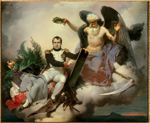 Ajan kruunaama Napoleon I kirjoittaa siviililakikirjaa. Ajan allegoria kruunaa vanhan enkelin hahmossa Napoleon Bonaparten (1769-1821), kun tämä tarkistaa Napoleonin lakina tunnettua, vuonna 1804 julkaistua lakikokoelmaansa