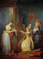 Stephanie Felicite Ducrest de Saint-Aubin, Genlisin kreivitär (nimeltään Madame de Genlis) (1746-1830) pitää harppuluennon Orléansin herttuan lapsille Saint Leun linnassa. Jean Baptiste Mauzaissen (1784-1844) maalaus 1800-luvun aurinko. 2,4