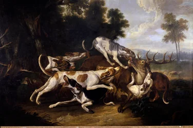 Hirven metsästyksen loppu. Metsästyskoirat kaatavat hirven. Taiteilijan elinvuodet: 1686-1755. 1700-luku. Mitat: 2,35 x 3,26 m. Pau, Musée des Beaux-Arts