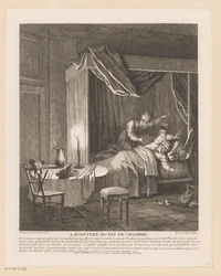 Ihminen säikähtää hereillä, kun kammion kattila tyhjennetään hänen yllään Lavanture du pot de chambre (otsikko esineessä) Kohtauksia Scarronin Roman Comiquesta (sarjan nimi)
