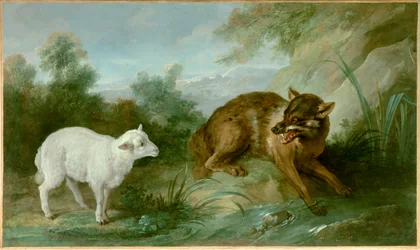 Susi ja karitsa. Kuvitus Jean de La Fontainen (1621-1695) eläinsatuun