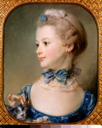 Muotokuva pienestä tytöstä kissan kanssa - Nuorella naisella on nauha ja vaalea huntu kaulassa solmulla ja hyväilee kissan päätä sormenpäillä - Jean-Baptiste Perroneaun pastellimaalaus (Jean Baptiste Perronneau) (1715) -1783) 1700-luku