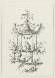 Koristeellinen sävellys chinoiserie-tyyliin Chinoiserie-tyylisiä koristekuvioita Deuxième Cahier de six Baraques Chinoisesille (sarjan nimi)