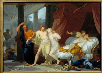 Sokrates vetää Alkibiaden ulos volupten helmasta Filosofi Sokrates kouluttaa opetuslapsensa Alkibiaden (450-404 eKr.) pois kadotuksen paikoista. Jean Baptiste Regnaultin (1754-1829) maalaus 1791 su. 0,46x0,63 m