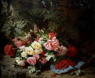 Ruusujen ja vadelmien asetelma. Jean Baptiste Robien (1821-1910) maalaus Yksityiskokoelma.