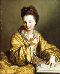 Nuori nainen, yllään keltainen kaapu, istuu pöydän ääressä, Beckoning, 1703