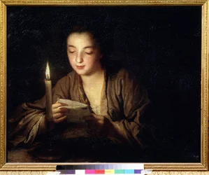 Tyttö ja kynttilä. 64 x 79 cm, noin 1700. 1700-luvun ranskalainen taide. Puškinin taidemuseo, Moskova.