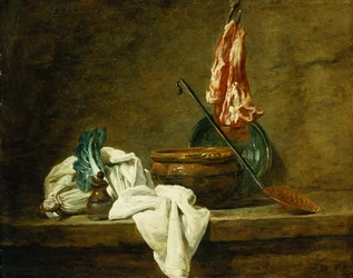 Punajuuret, maustelaatikko, tiskirätti, kattila, lasitettu savilautanen, kuoriva, liha koukulla, kielekkeellä, 1734