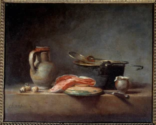 Kuparipannu, keritin, kannu ja lohiviipale. Asetelma. Jean Baptiste Simeon Chardin (1699-1779)