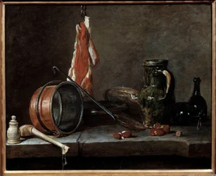 Rasvamenu ja keittiövälineet. Asetelma. Jean Baptiste Simeon Chardinin (1699-1779) maalaus