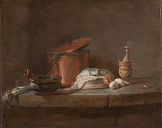 Keittiövälineet purjoilla, kalalla ja kananmunalla, c. 1734.