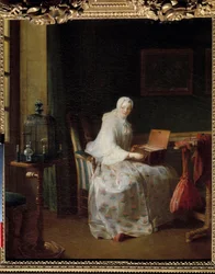 La serinette ou dame -variantti ses huvituksia Jean Baptiste Simeon Chardinin (1699-1779) maalaus 1700-luvun su. 0,50 x 0,43 m