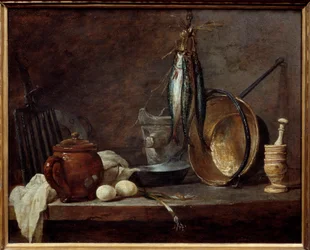 Ruokalista vähärasvaisia ja keittiövälineitä. Asetelma. Jean Baptiste Simeon Chardinin (1699-1779) maalaus