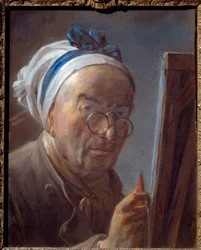 Jean the Baptist Simeon Chardinin (1699-1779) pastellimaalaus omakuva maalaustelineessa 1779