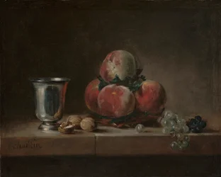 Asetelma persikoilla, hopeakuppi, viinirypäleitä ja saksanpähkinöitä, n. 1759-60 (öljy kankaalle)