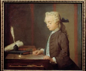 Totonin lapsi. Auguste Gabriel Godefroy (1728-1813) Totonia leikkivä lapsi, jolla on tavallaan neljä kasvoa, jotka pyörivät kuin toppi. Jean Baptiste Simeon Chardinin (1699-1779) maalaus 1738. Dim. 0,67x0,76 m.