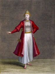 Bulgarialainen tyttö, kuvalaatta 83 Charles de Ferriolin teoksesta ”Sadan Levantin eri kansoja esittävän vedoksen kokoelma”, kaivertanut Jean-Baptiste Haussard (toimi 1679-1749), 1707-08