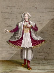 Tyttö Naxokselta, kuvalaatta 71 Charles de Ferriolin teoksesta ”Sadan Levantin eri kansoja esittävän painokuvan kokoelma”, kaivertanut Gérard Scotin (1671-1716), 1707-08