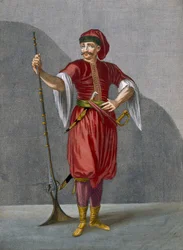 Albanialainen sotilas, laatta 78 Charles de Ferriolin teoksesta ”Kokoelma sadasta Levantin eri kansoja esittävästä painokuvasta”, kaivertanut Gérard Scotin (1671-1716), 1707-08