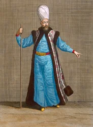 Capidgi-Bachi, levy 15 Charles de Ferriolin kokoelmasta "Sata vedosta, jotka edustavat Levantin eri kansoja", kaiverrus Gerard Scotin (1671-1716), 1707-08 (värillinen kaiverrus)