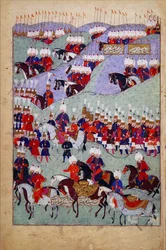 Sulttaani Suleyman Suuren hautajaiset, Sulttaani Suleymanin historia, Istanbul, Turkki, 1579 (tussi ja väri paperille).