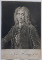 Muotokuva John James Heideggeristä (1666-1749), sveitsiläinen impressario Lontoossa, kaiverrus John Faber (1684-1756), 1749