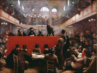 Graffardin kokoussalissa (Reunion a la salle Graffard) (sijaitsee osoitteessa 138, boulevard de Menilmontant Pariisissa), kirjoittanut Beraud, Jean (1849-1936)