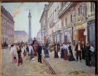 Työntekijöiden poistuminen paquin-talosta rue de la Paix (Place Vendome pylvään kanssa). Jean Beraud