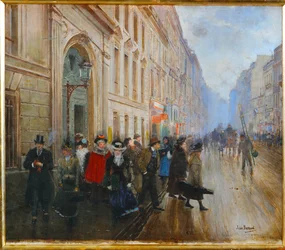 Opiskelijoita poistumassa Conservatoiresta, Pariisin musiikkiakatemiasta (maalaus kankaalle).