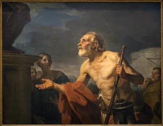 Diogene pyysi almonia patsaille. (Sinope Diogene kutsutaan kyyniseksi, noin 413-noin 327 eKr.). Jean Bernard Restoutin (1732-1797) maalaus Öljy kankaalle