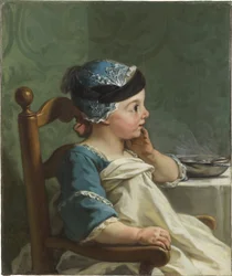 Poika syöttötuolissa - Poika lastentuolissa, kirjoittanut Restout, Jean-Bernard (1732-1797). öljy kankaalle