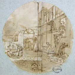 Muurarin verstas, eri ammatteja esittävän astiaston lautasluonnos, n. 1820-35