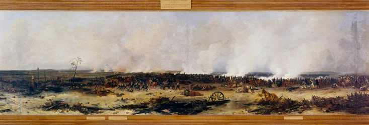 Venäjän sotaretki: "Panoraama Moskovan taistelusta 7/09/1812". Moskovan taistelu (myös Borodinon taistelu) Napoleon I Bonaparten (1769-1821) ranskalaisten ja Mihail Golenistsev Kutuzovin (Golenishchev) johtaman Venäjän keisarillisen armeijan välillä