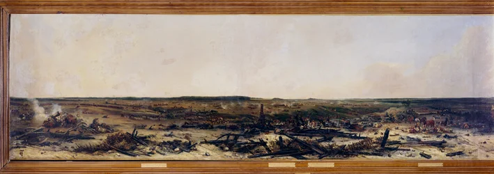 Venäjän sotaretki: "Panoraama Moskovajoen taistelusta 7/09/1812". Moskovajoen taistelu (myös Borodinon taistelu) Napoleon I Bonaparten (1769-1821) ranskalaisten ja Mihail Golenishtshev Kutuzovin (Golenishchev) johtaman Venäjän keisarillisen armeijan