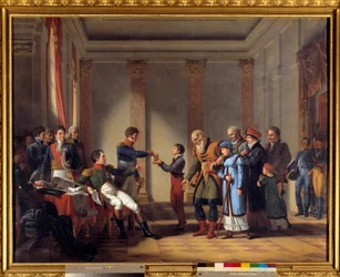 Keisari Napoleon I:n (1769-1821) hyväntekeväisyys Puolan kampanjan aikana tammikuussa 1807: Keisari antoi sadan napoleonin eläkkeen 117-vuotiaalle Nerockille John Charles Tardieun (1765-1830) maalaus 1800-luvun su. 1,15x1,46 m - Keisarikunnan hyväntahtoine