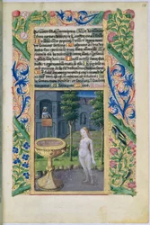 neiti Lat. Q.v.I.126 f.58 Daavid vakoilee Batshebaa hänen kylpeessään, Louis dOrleansin tuntikirjasta, 1469