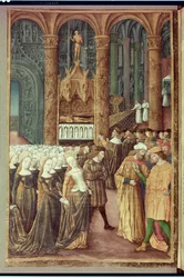Nouv Acqu Fr 24920 fol.24v Priam ennen Hektorin hautaa Apollon temppelissä, "Troijan tuhon historiasta", n. 1500