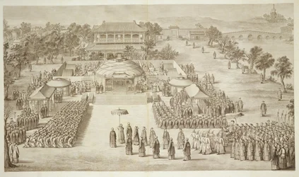 Keisari Qianlong vastaanottaa valloitettujen eleuthien (Tartar Kalmucks) -levyn 2 sarjasta printtejä, jotka edustavat Kiinan keisarin valloitusta, kaiverrettu Jacques Philippe Le