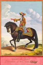 Ludvig XIV:n muotokuva hevosen selässä Cambrain taistelussa 1600-luvun jälkipuoliskolla.