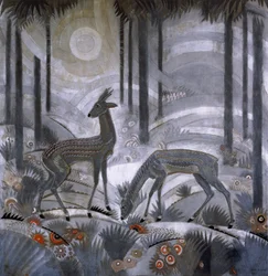 Kaksi peuraa metsässä, n.1929 (lakattu puupaneeli)