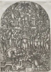 Apokalypsi: Lukematon joukko, joka seisoo valtaistuimen edessä, 1555.
