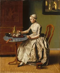 Nainen kaataa suklaata, La Chocolatière, n. 1745
