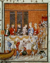 Ranskan kuninkaan Kaarle V:n (1338-1380) Palais de la Citéssä keisari Kaarle IV:n (1316-1378) ja Böömin kuninkaan Venceslaus IV:n (1363-1419) kunniaksi tarjoamat pidot. Jean Fouquet