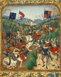 Agincourtin taistelu (1415). Satavuotisen sodan aikana Englannin Henrik V kukisti ranskalaisen armagnacien puolueen - Jean Fouquet