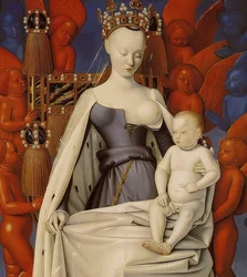 Valtaistuimella istuva Madonna ja Kristus-lapsi. Melunin diptyykki, oikea siipi. Noin 1450